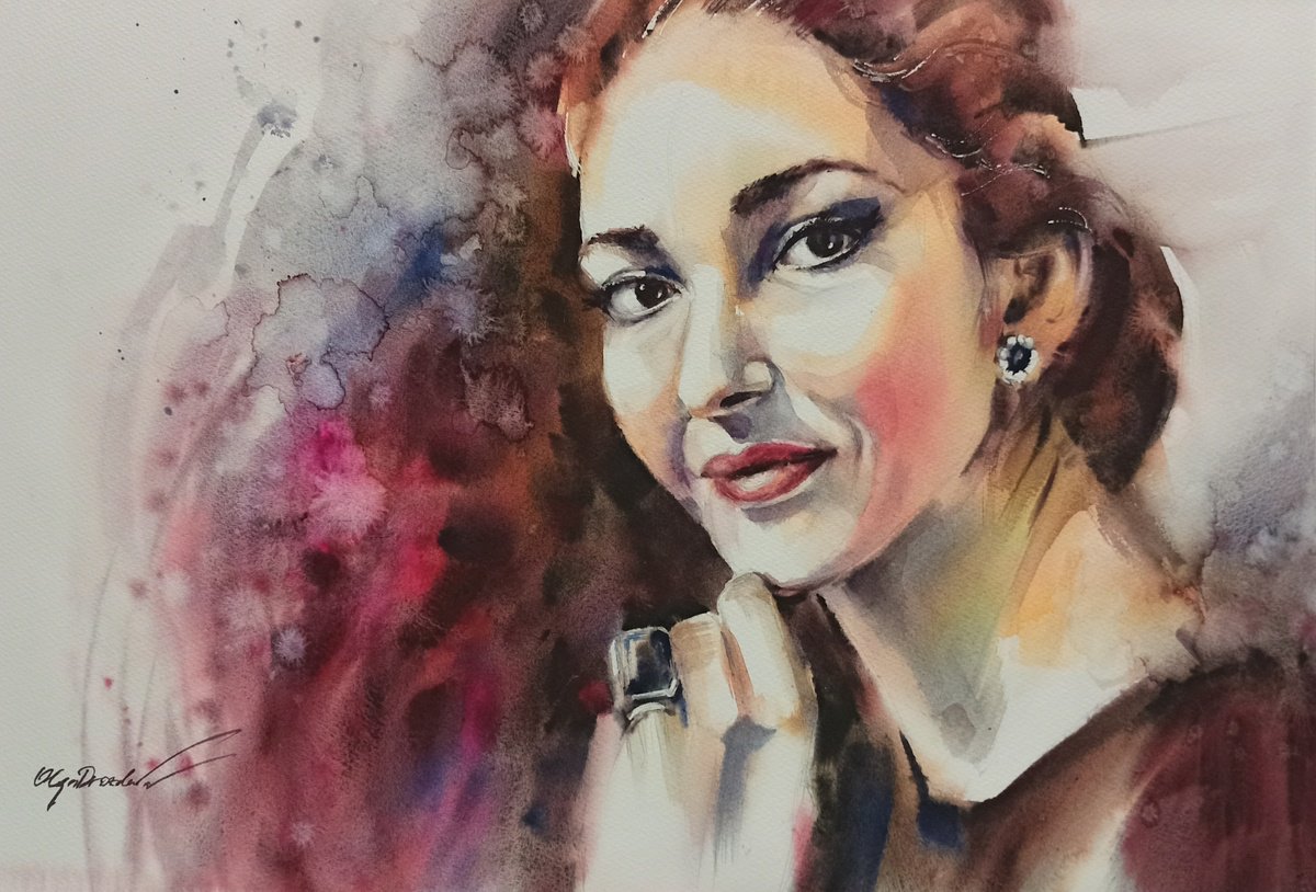 Impressionistic Portrait Watercolour By Olga Drozdova, 22 X 15", Sublime. Maria Callas., Original Artwork