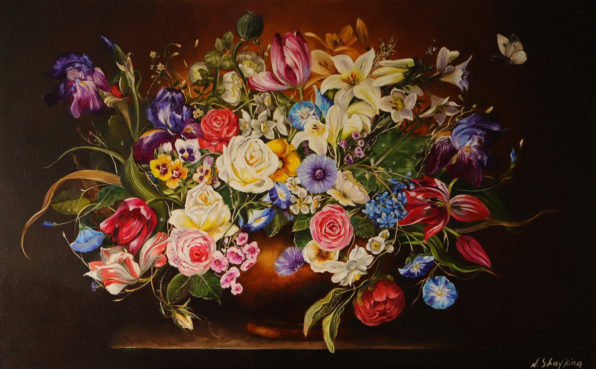 Large Oil Painting Ukrainian Flowers Original Art Contemporary Still life, Dark Floral Fin... by Natalia Shaykina