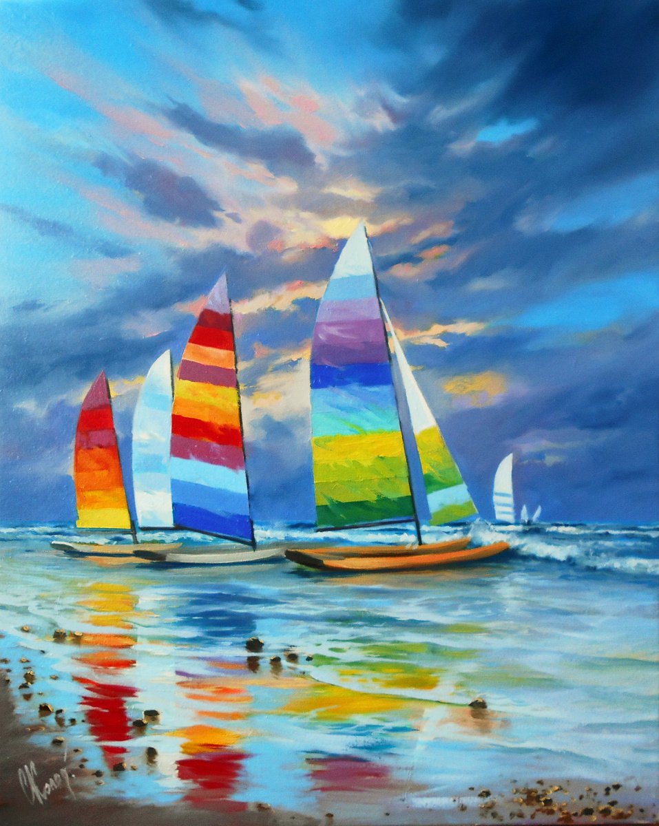 Regatta At Sunset/40x50cm/Original oil on canvas/Free Shipping by Kolodyazhniy Sergey