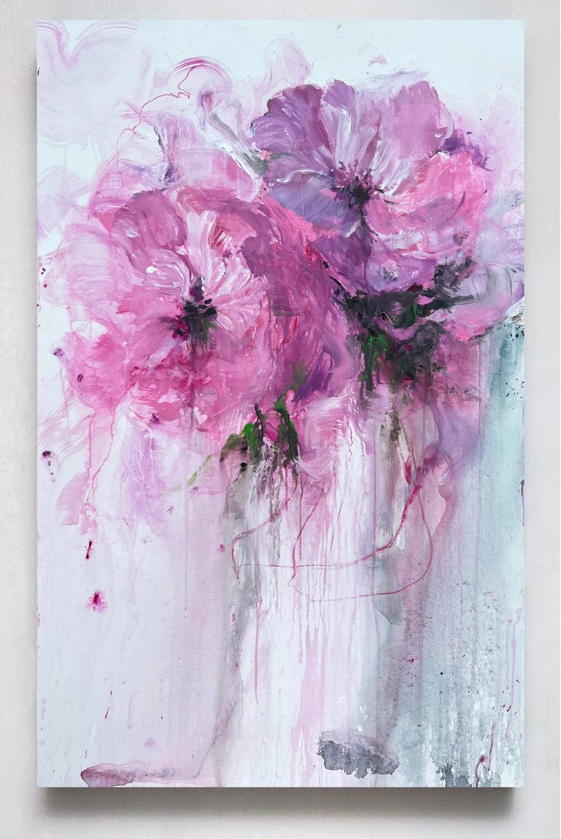 Abstract Botanical Acrylic Painting By Rosi Roys, 39 X 63", Pink Flower 5, Original Artwork