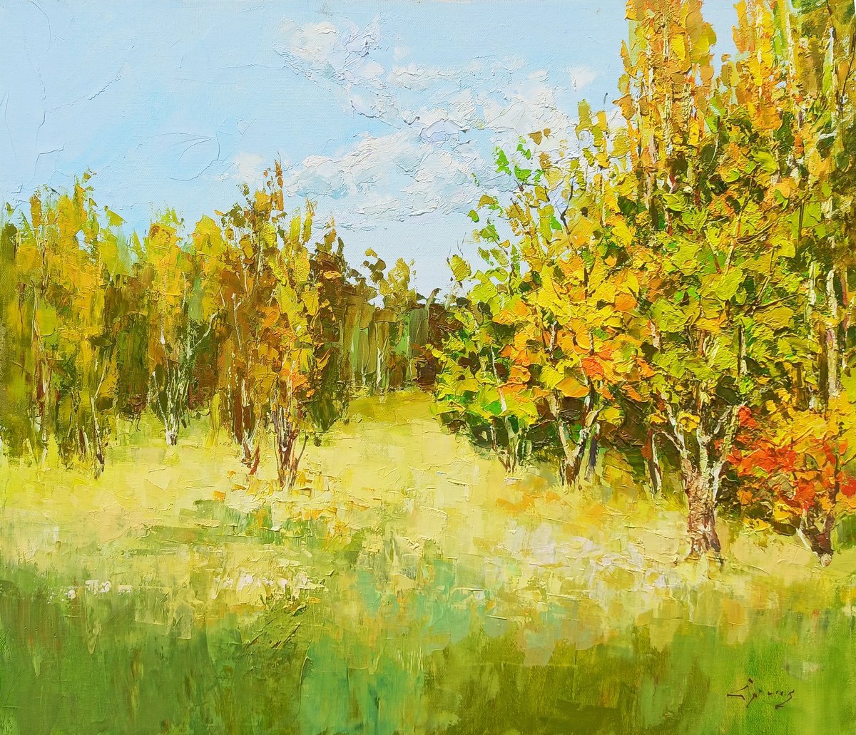 Impressionistic Landscape Oil Painting By Hrach Baghdasaryan, 24 X 20, Autumn Whispers In The Garden, Original Artwork