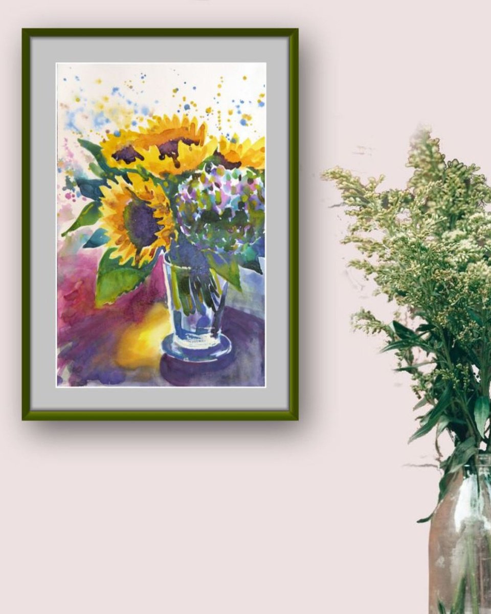 Sunflowers in a Vase Original Watercolor Painting Loose and Expressive Floral Art by Ion Sheremet