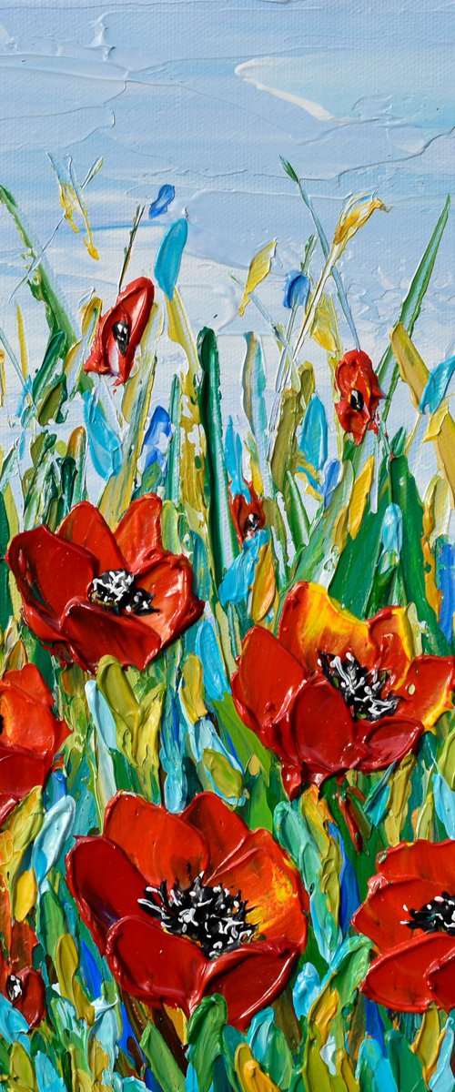 Poppies Meadow- Original Impasto Floral Painting, Palette Knife Textured Wall Art Canvas by Olga Tkachyk