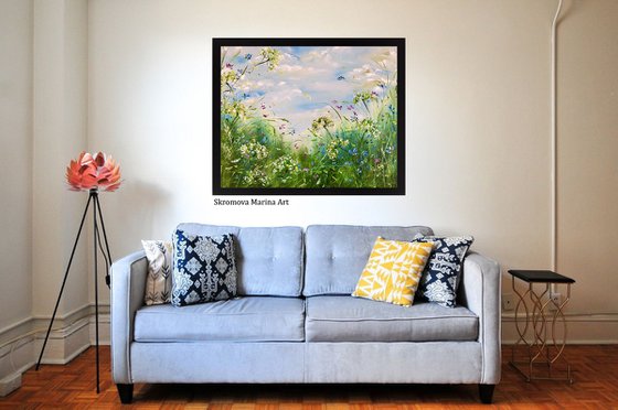 SPRING FIELD - Sky. Clouds. Wildflowers. Daisies. Cornflowers. Green field. Fragrances. Joy. Freshness.