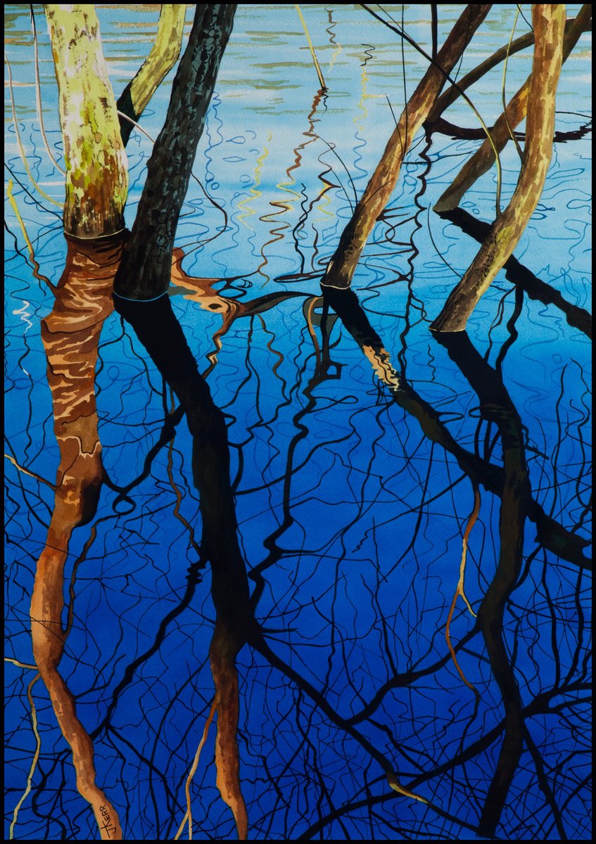 Landscape Watercolour By John Kerr, 20 X 28, Tree Reflections, Original Artwork