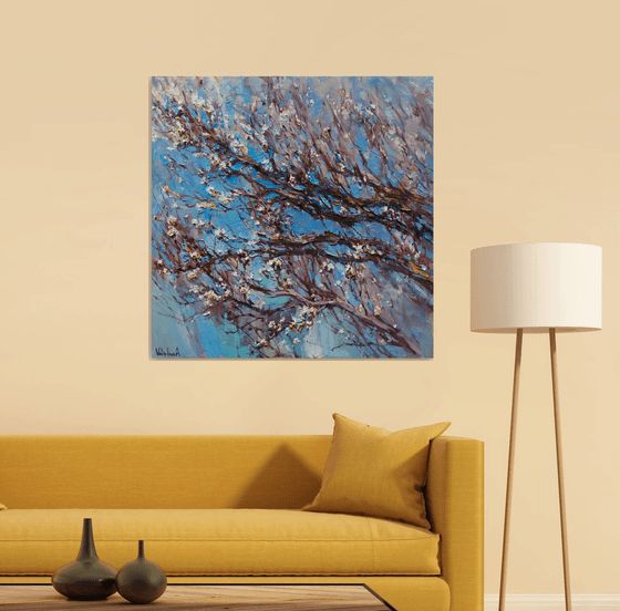 Flowering apricot tree - Original oil painting