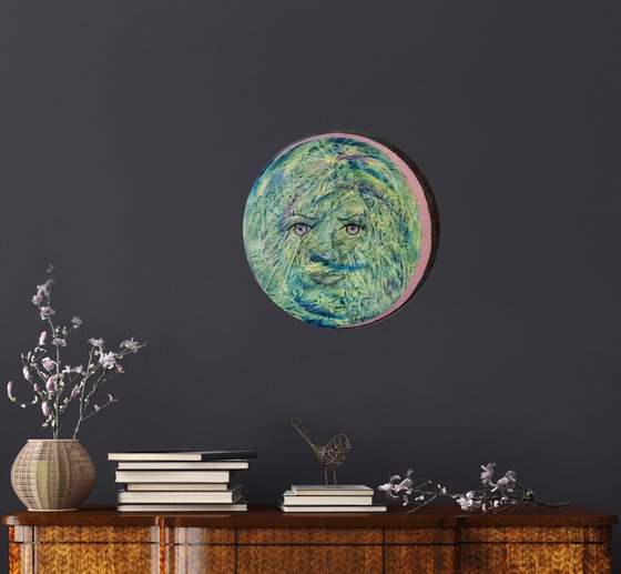 Full moon - Mixed media round painting