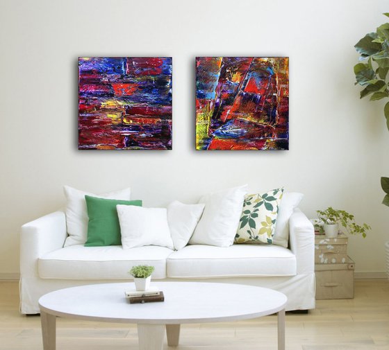 "Play With Me" - FREE WORLDWIDE SHIPPING - Original Large PMS Abstract Diptych Oil Paintings On Canvas - 40" x 20"