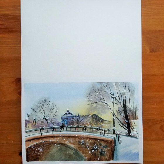 Winter Landscape #3. Original Watercolor Painting on Cold Press Paper 300 g/m or 140 lb/m. Landscape Painting. Wall Art. 7.5" x 11". 19 x 27.9 cm. Unframed and unmatted.