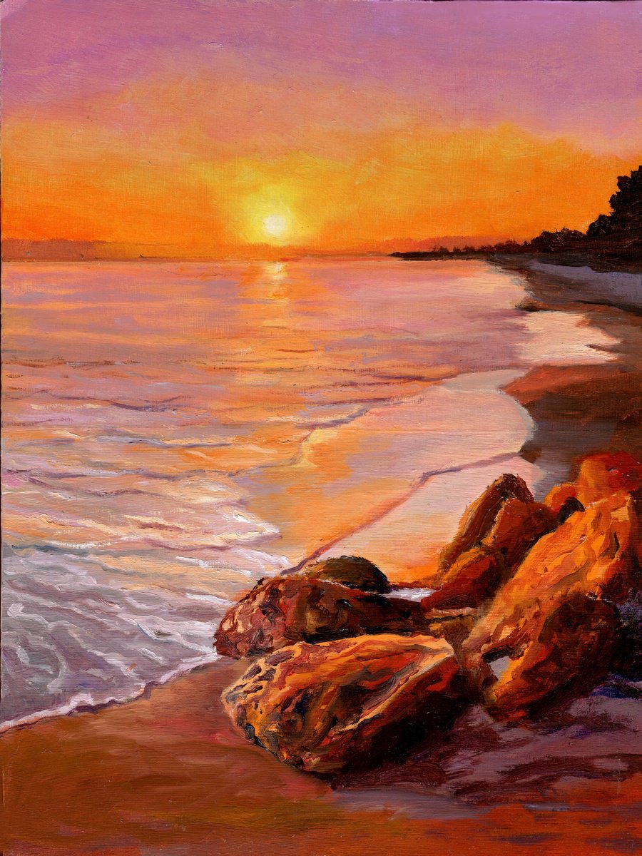 Photorealistic Landscape Oil Painting By Lucia Verdejo, 8 X 11", Sunset Rocky Beach Seascape, Original Artwork