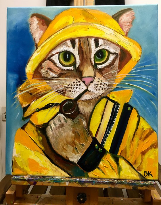 Troy The  Cat, fisherman  oil painting for cat lovers