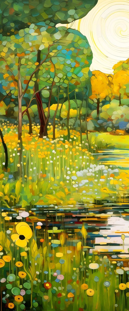 Warm green forest, yellow white flowers and pond with light reflections and bright sunbeams in Klimt style. Hanging large positive relax colorful wall art for home decor by BAST