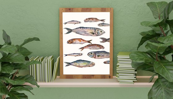 Set of fish - original seafood watercolor paintink and ink graphic