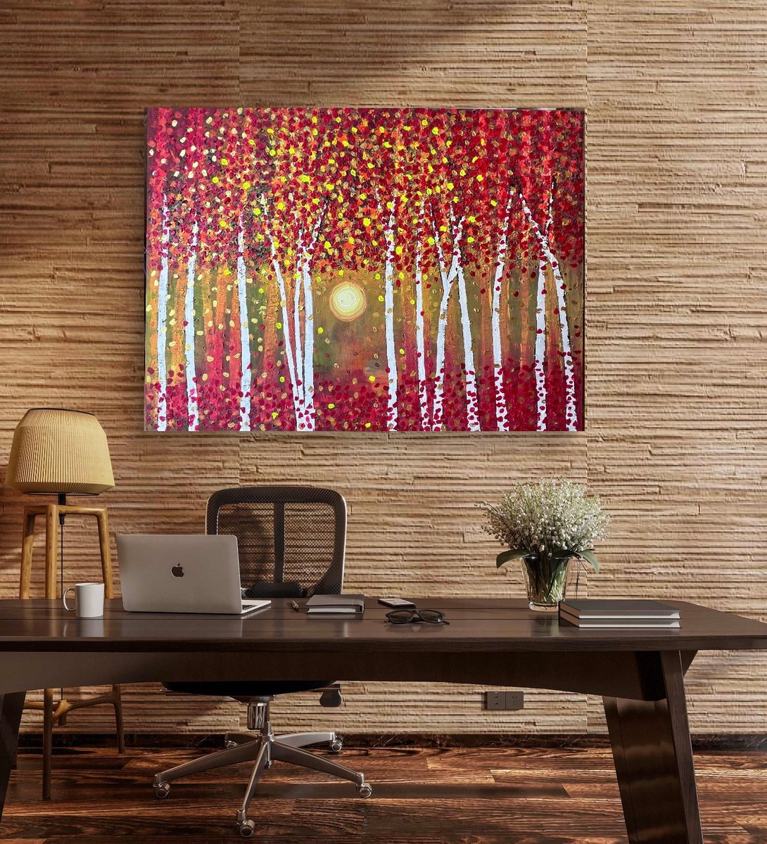 Impressionistic Landscape Acrylic Painting By Henrieta Angel, 40 X 30, Red Forest, Original Artwork