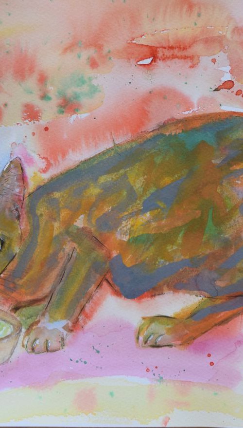 Kitten having a drink in watercolour by Sharyn Bursic