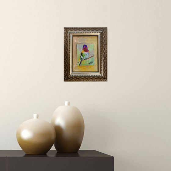 Hummingbird  oil painting on a gessoed masonite mounted on gessoed panelboard 4x6