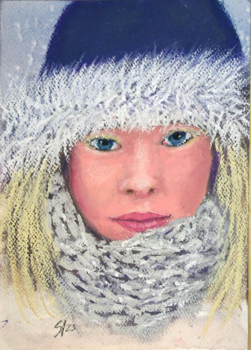 Girl ... winter day /  ORIGINAL OIL PASTEL PAINTING by Salana Art Gallery