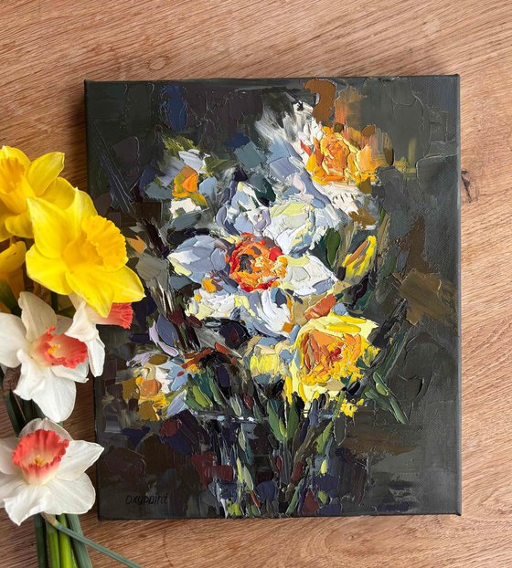 "Daffodils" palette knife oil painting
