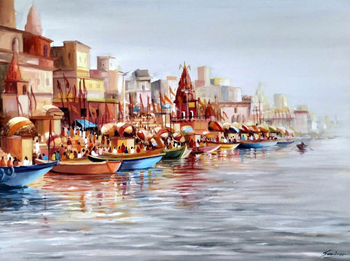Impressionistic Cityscapes Acrylic Painting By Samiran Sarkar, 27 X 20", Early Morning Varanasi Ghats, Original Artwork