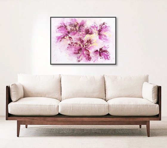Purple abstract flowers, oil floral painting