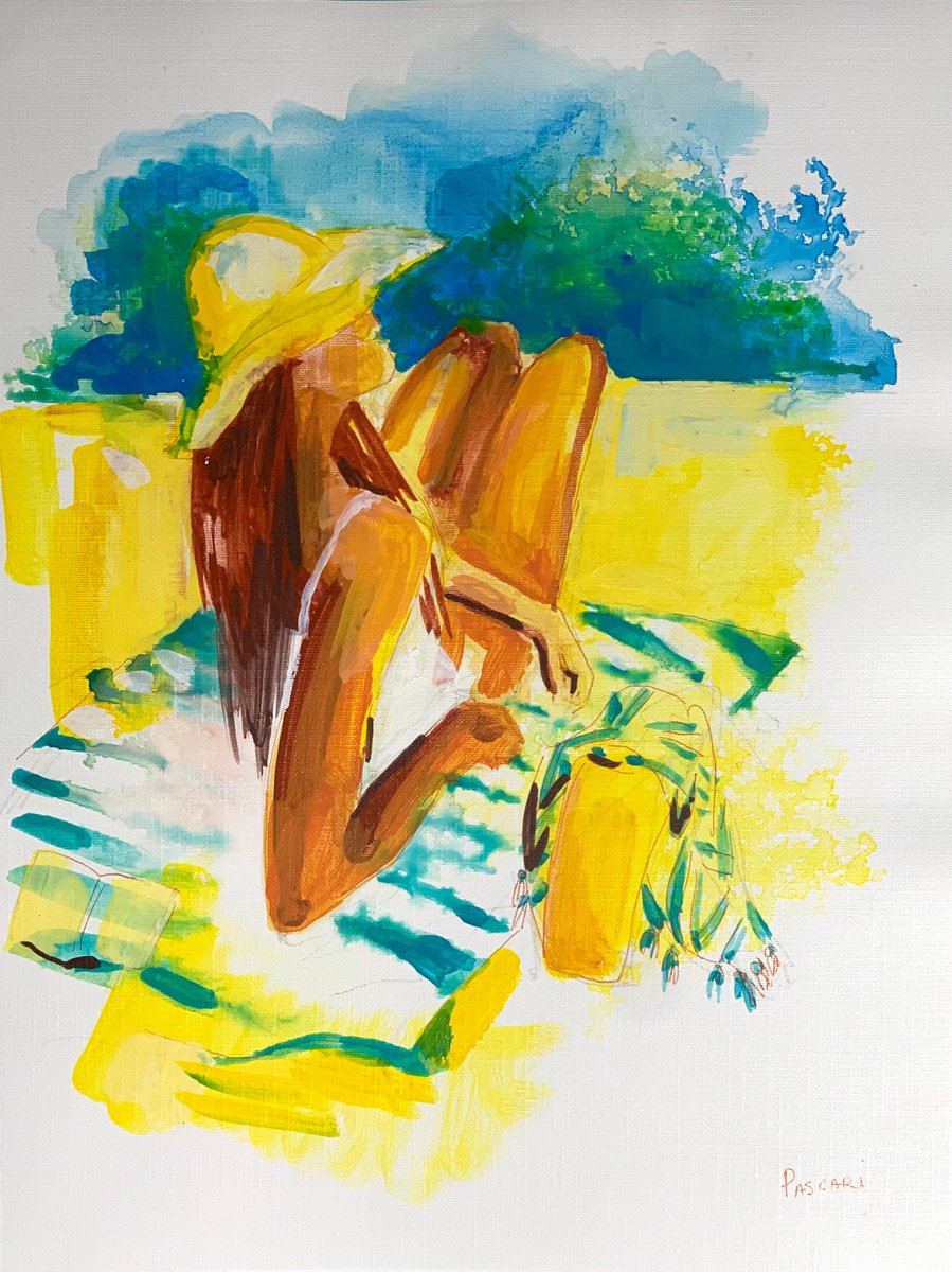 Abstract Portrait Acrylic Painting By Olga Pascari, 9 X 13", Girl In The Beach, Original Artwork