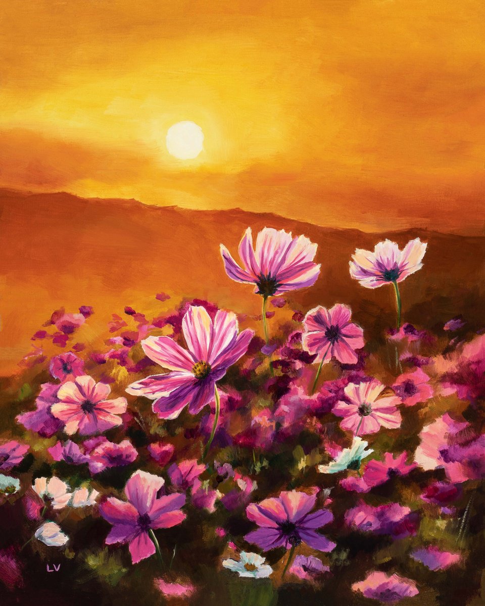 Impressionistic Landscape Oil Painting By Lucia Verdejo, 11 X 13", Pink Cosmos Field At Sunset, Original Artwork