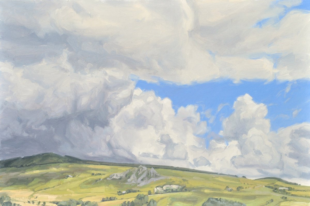 Impressionistic Landscape Oil Painting By Anne Baudequin, 36 X 24, Summer Clouds, Mezenc Massif, Original Artwork