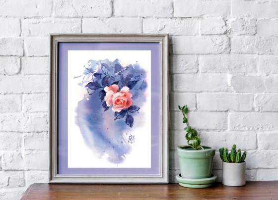 "Twilight in the garden" - original watercolor orange rose sketch