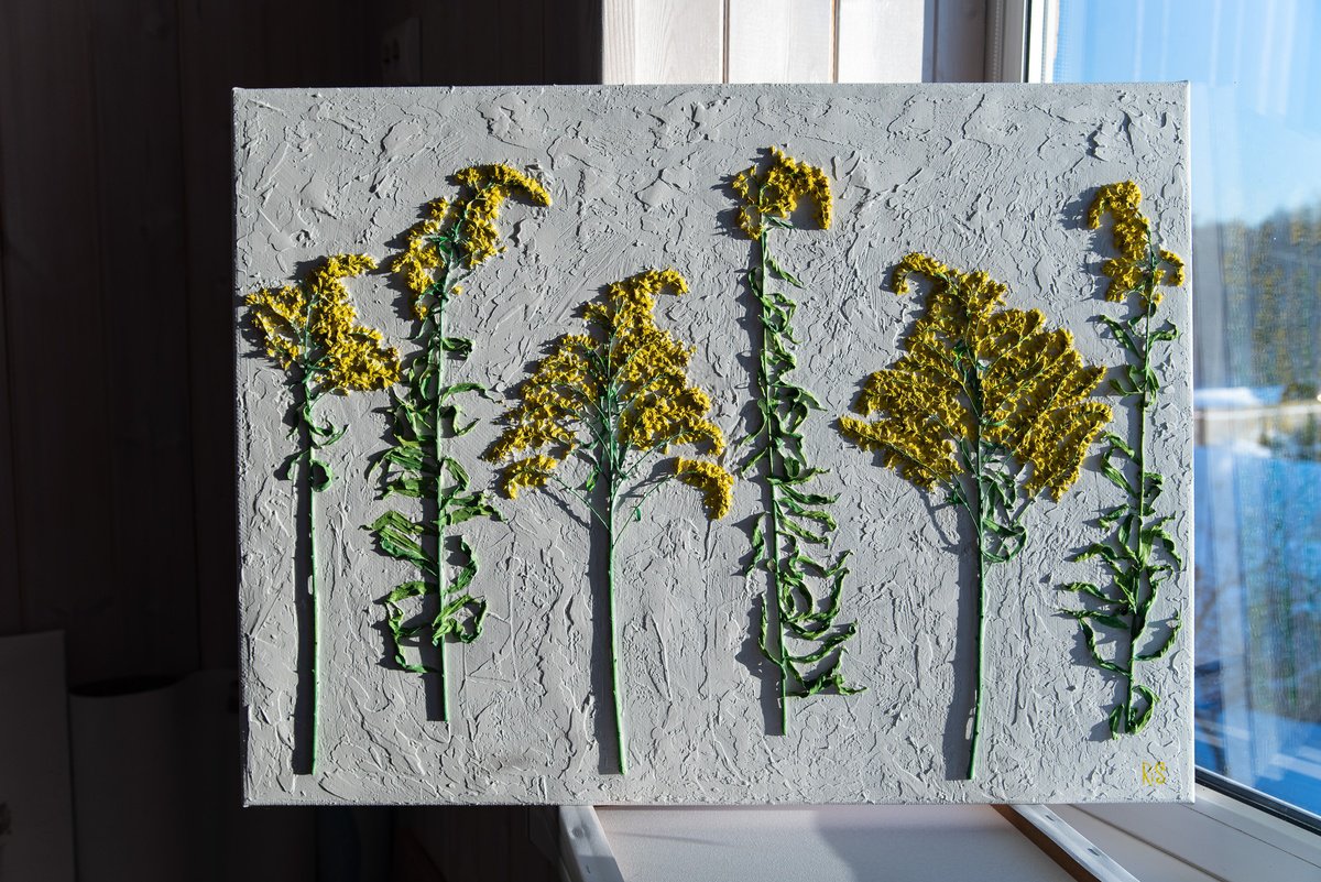 Goldenrod mixed media relief by Rimma Savina