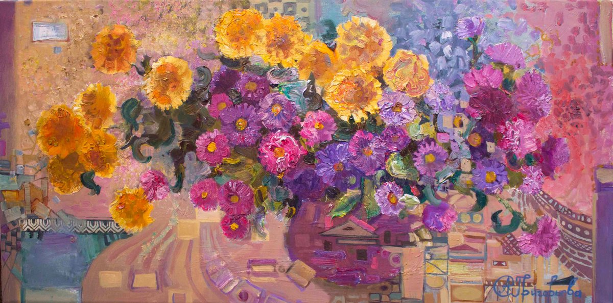 Impressionistic Botanical Oil Painting By Anastasiia Grygorieva, 39 X 20, Autumn Color, Original Artwork