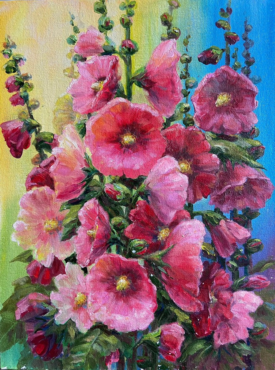 Impressionistic Botanical Oil Painting By Galyna Shevchencko, 12 X 16, Mallow Flowers, Original Artwork