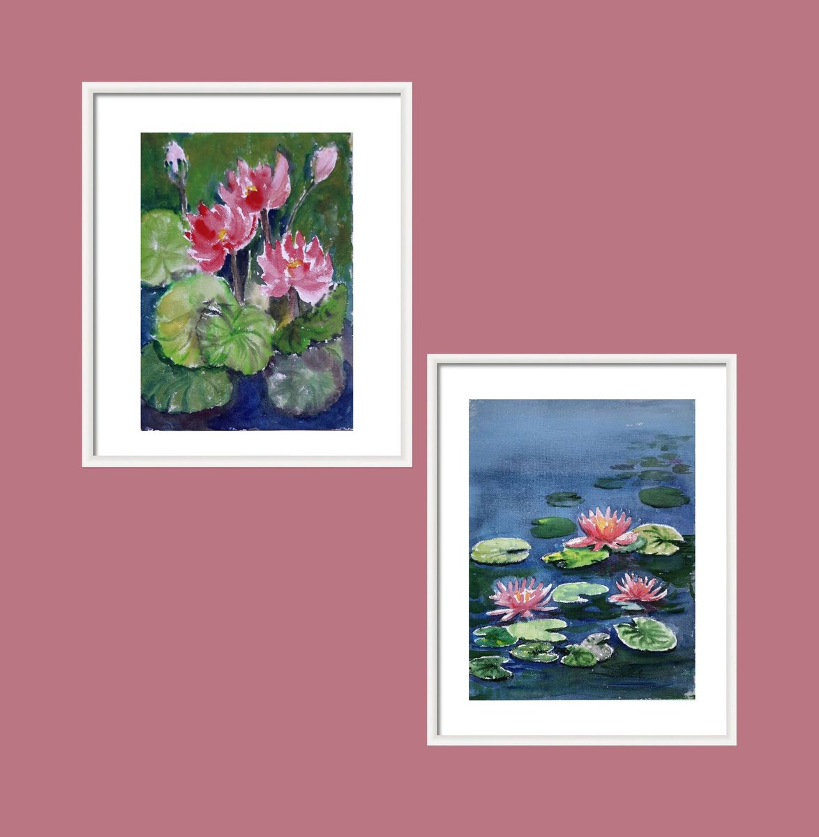 Impressionistic Landscape Watercolour By Asha Shenoy, 8 X 11, Set Of Two Water Lily Ponds, Original Artwork