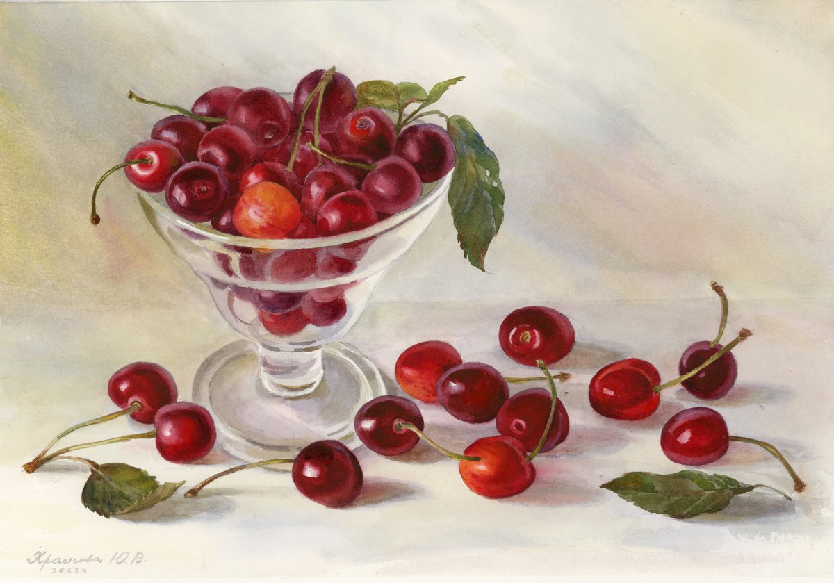 Photorealistic Still Life Watercolour By Yulia Krasnov, 14 X 10", Sweet Cherry, Original Artwork