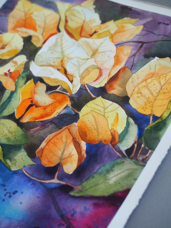 Yellow bougainvillea - expressive original watercolor flower, falling paint