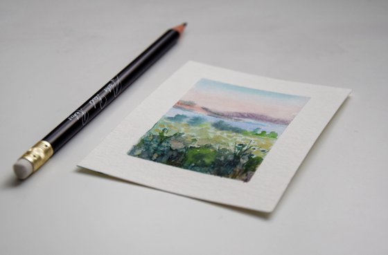 Landscape miniature watercolor painting, mountains field tiny original art