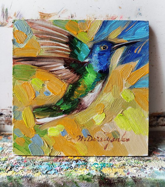 Small artwork Hummingbird oil painting original 4x4, Blue yellow art bird lover gift, Housewarming Host gift thank you