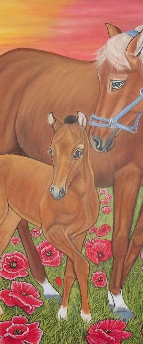 Mare and her Foal on red poppy field by Sofya Mikeworth