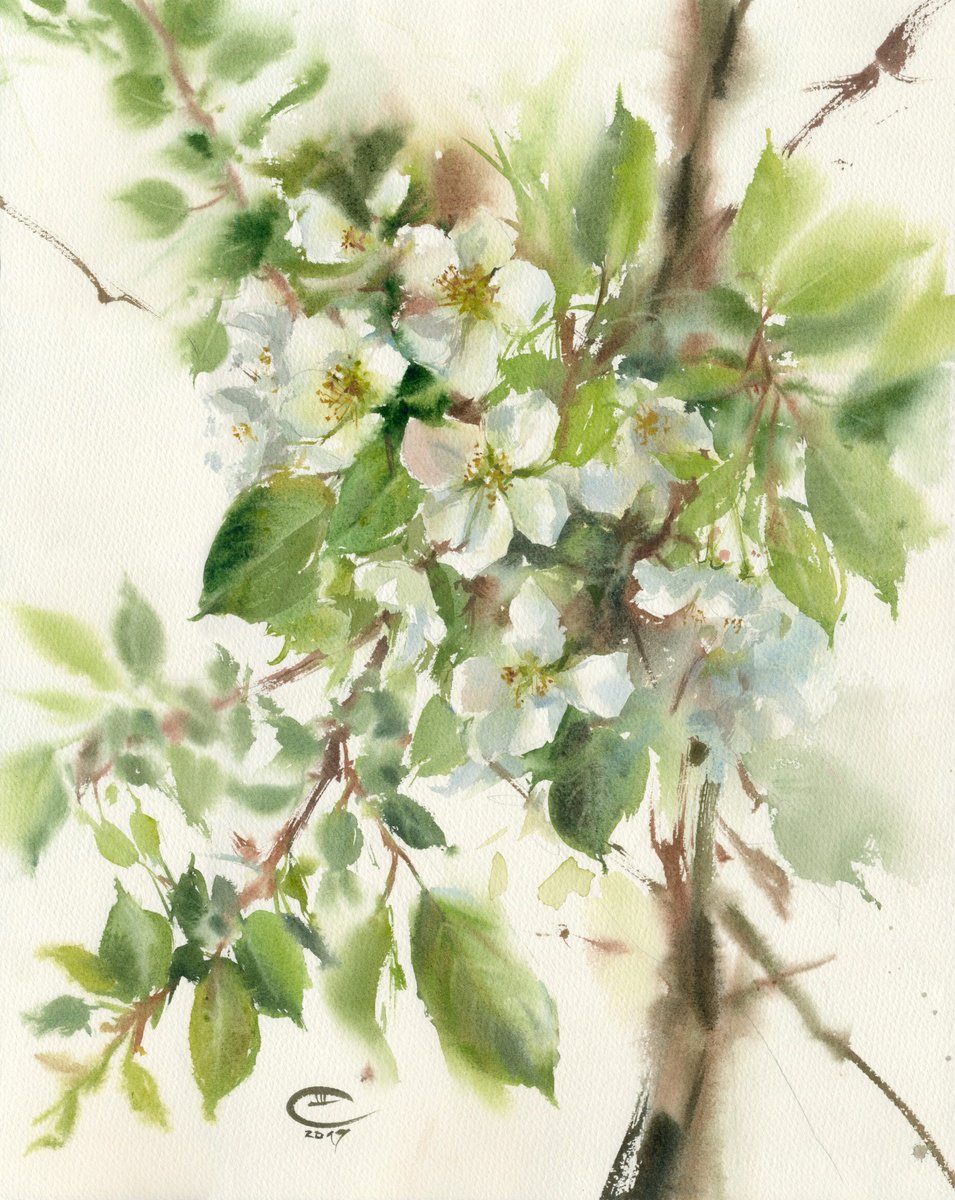 Impressionistic Botanical Watercolour By Tatyana Tokareva, 14 X 18", Wild Apple Tree, Original Artwork
