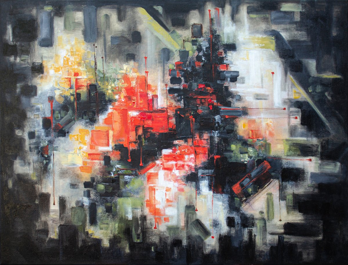 Geometric Abstract Oil Painting By Mila Moroko, 31 X 24", Big Size Abstract Oil Painting Good Vibes, Original Artwork