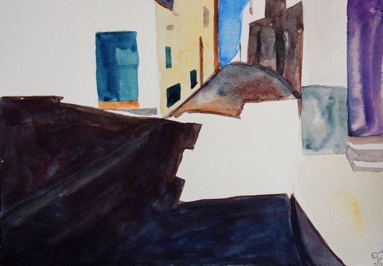 Original watercolor painting Summer sea town in Italy, Marettimo Island