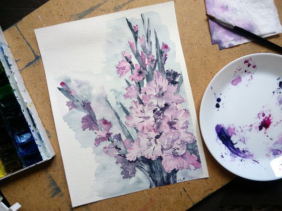 Gladiolus painting/ Pink flowers art