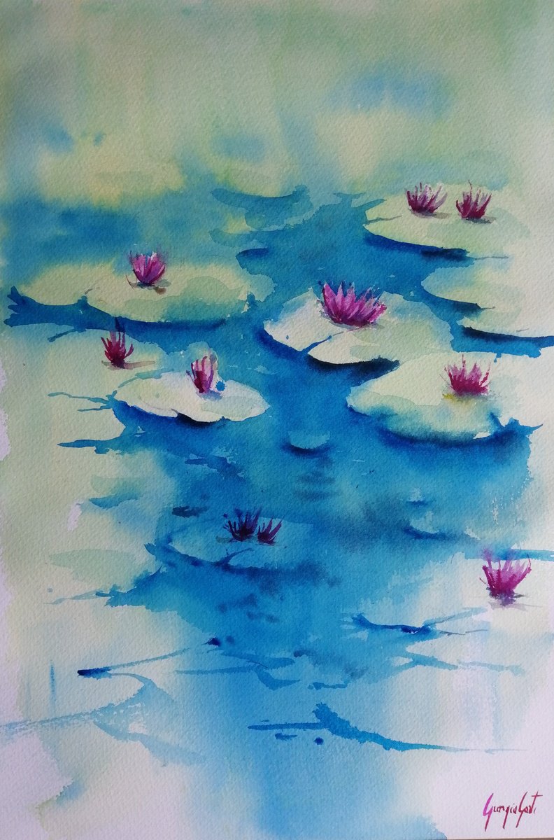 Impressionistic Watercolour , Lily Pond 2 By Giorgio Gosti, 14 X 21, Artwork For Sale On Artfinder