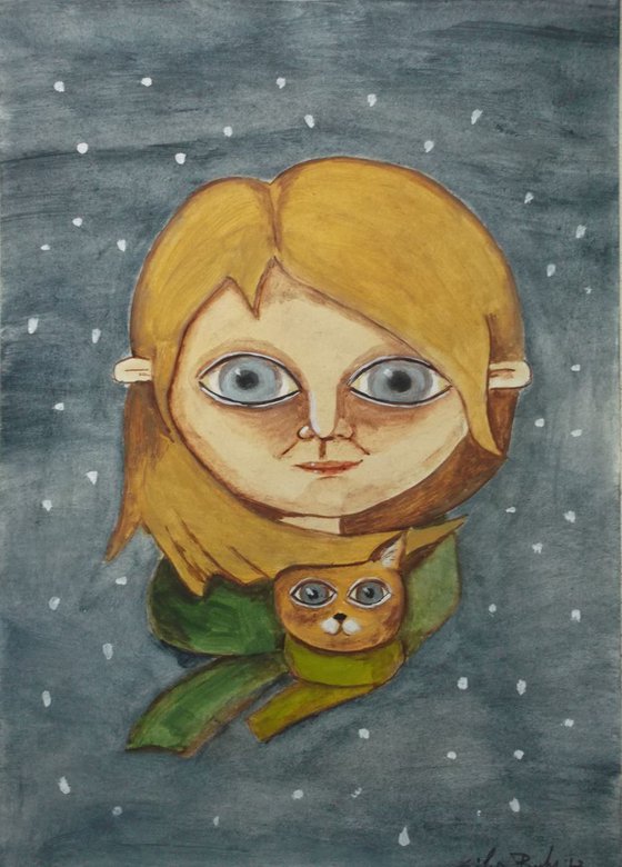 Girl and cat in the winter