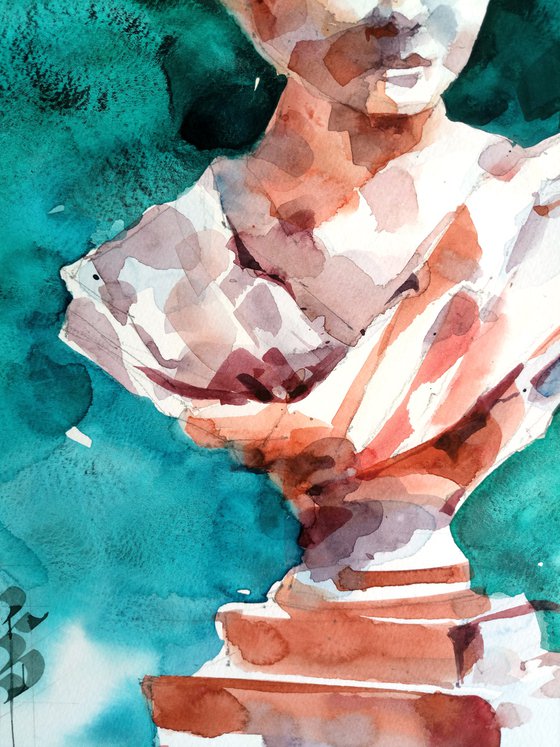 Modern still life with plaster statue, original watercolor artwork