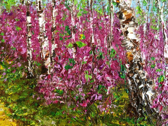 ALONE WITH NATURE - Blooming forest. Blooming shrubs. Pink labrador. Path. Thicket. Summer day. Birch.