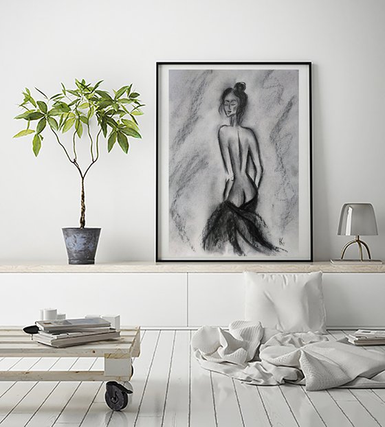 Female Nude Painting Figurative Original Art Woman Standing Nude Drawing Back View Bedroom Bathroom Charcoal Wall Art 12 by 17 inches