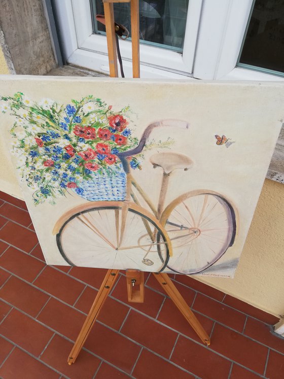 An old Countryside Bike Bicycle with Meadow Flowers Basket and a Butterfly Art Village Gift for Women