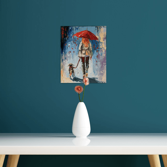 Woman with umbrella and dog.