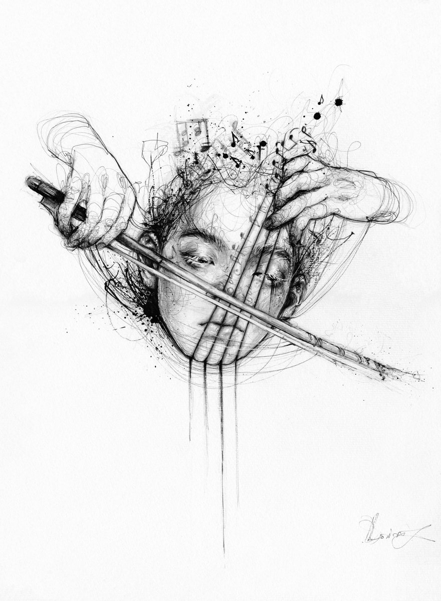 Expressive Portrait Ink Drawing By Doriana Popa, 12 X 16, Play Me, Original Artwork