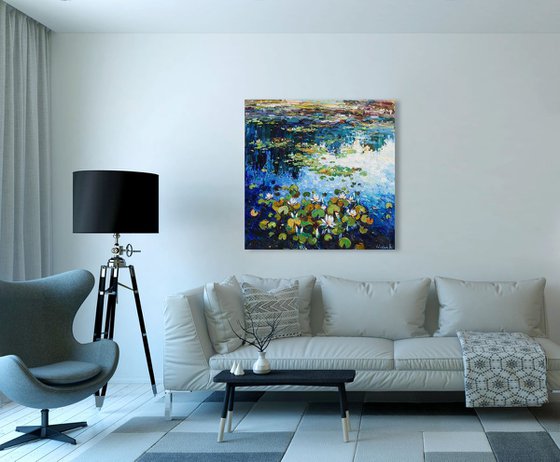 Water lilies Original Oil painting 90 x 90 cm FREE SHIPPING